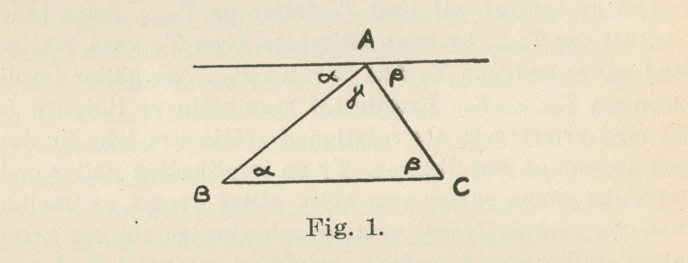 Figur 1. Teckning av triangeln ABC som beskrivs i föregående stycke. Vinklarna α utgörs av den inre vinkeln mellan linjerna B C och A B och mellan A B och parallellen till B C. Vinklarna β utgörs av den inre vinkeln mellan B C och A C och mellan B C och och parallellen till B C. y är den inre vinkeln mellan A B och A C.